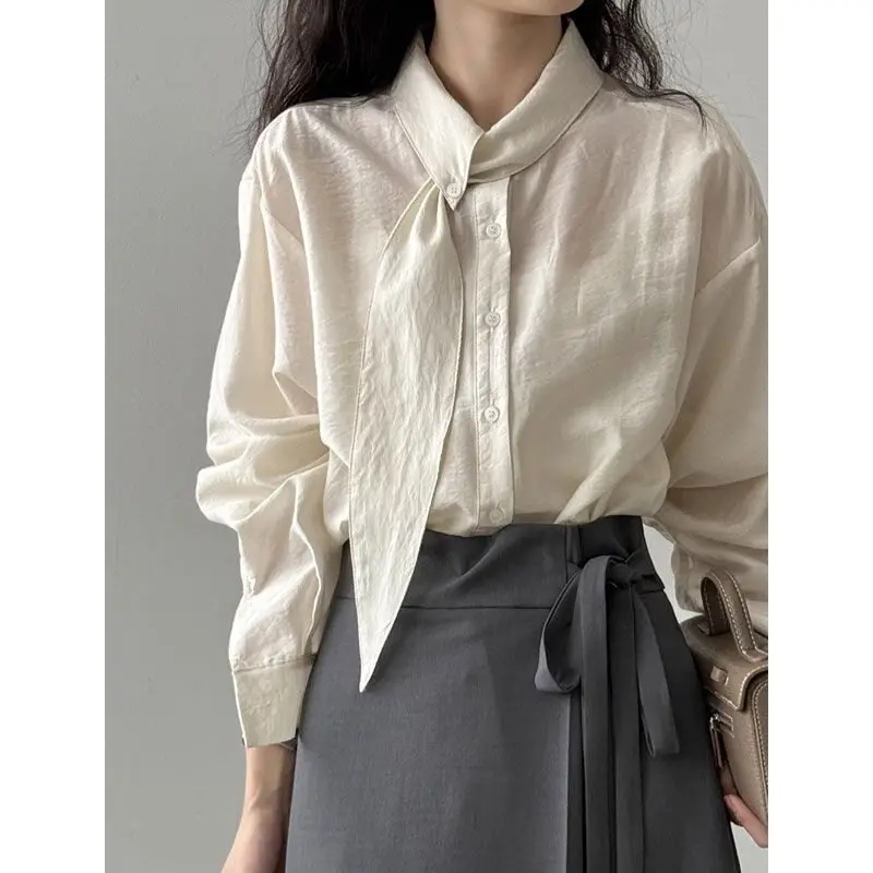 Women's Apricot Blouses and Shirts Scarf Collar Long Sleeve Blouse Korean Y2k Gyaru Vintage Loose Shirt for Women Spring Autumn