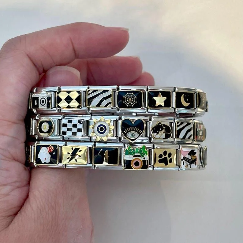 Devil Eye Spider Cat Paw Ghost DIY Making Black White Series Italian Charm Bracelet Elastic Link Chain Stainless Steel Jewelry