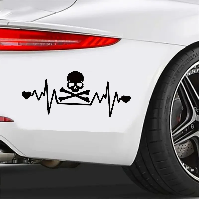 Waterproof Heartbeat Skull Car Decal -20x8cm, Easy Stick-On for Cars & Laptops, Creative Horror Design with Crossed Bones