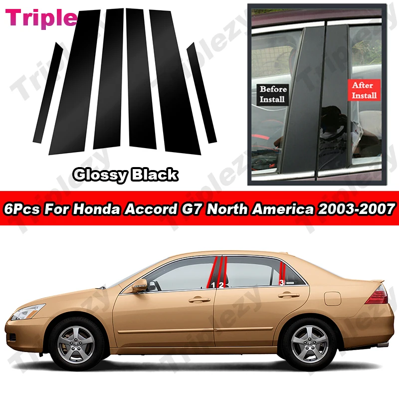 

6Pcs Glossy Piano Black /Carbon Fiber PC Material Car Window Trim Cover For Honda Accord G7 2003-2007 Pillar Posts Sticker Decal