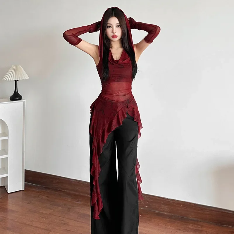 Nice Streetwear 90s Grunge Mesh See Through Hooded Tops Cyber Y2K Irregular Hem Ruffles Hoodie Women Slim Blouse With Cuffs