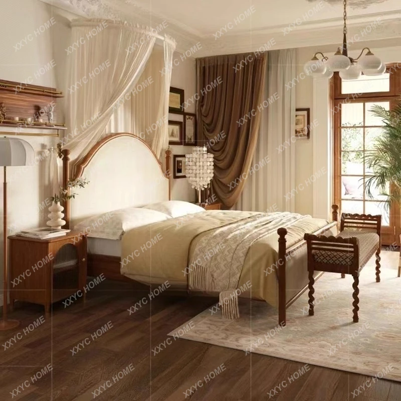 A Retro solid wood bed bread bridge master bedroom high backrest double bed