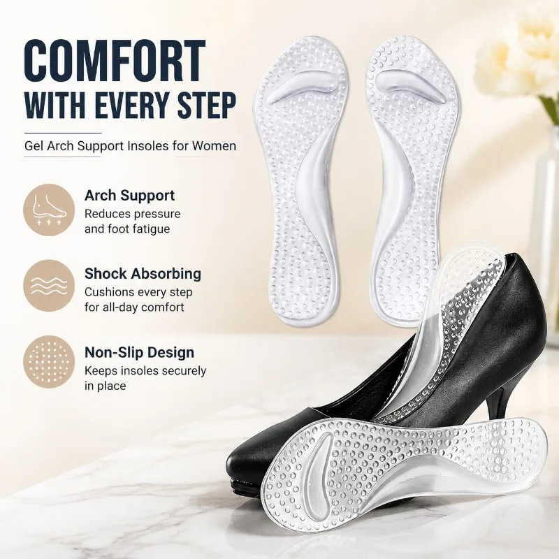 Plantillas de Gel para Mujer con Soporte de Arco, Inserciones de Silicona Antideslizantes y Amortiguadoras de Impactos para Sandalias y Tacones Altos