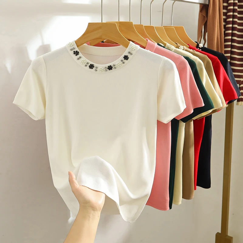 Knitwears Short Sleeve Beading Knitted Sweater Women Pullovers New O-Neck Knit Sweater Pullover Women Tops Women Clothing Q3404