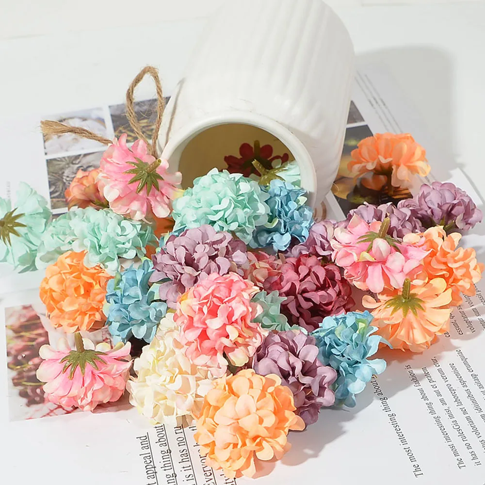 50pcs/lot Cheap 4cm Artificial Flower Silk Chrysanthemum Head For Wedding Decoration DIY Wreath Scrapbooking craft Fake Flowers