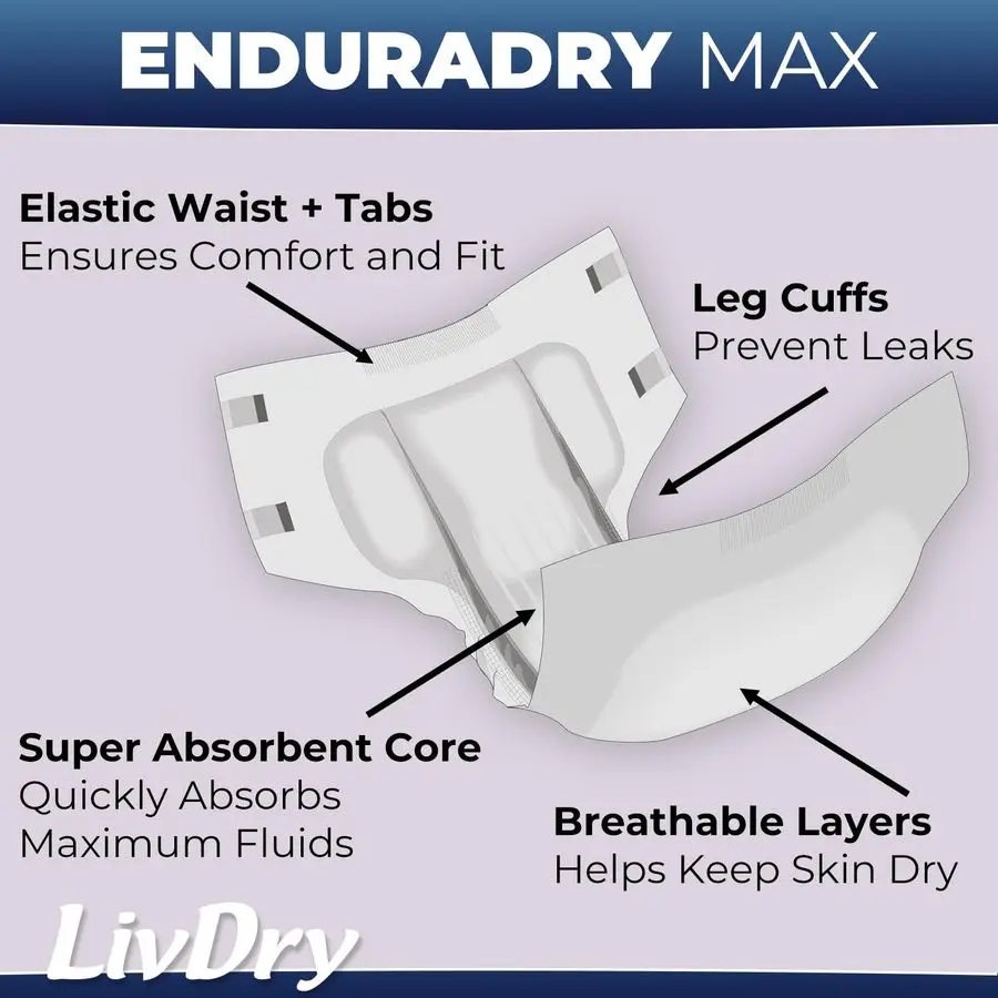EnduraDry Max Adult Diapers with Tabs, Up to 12Hours, Super Absorbent Incontinence Underwear, Leak Protection Briefs, Medium, 48