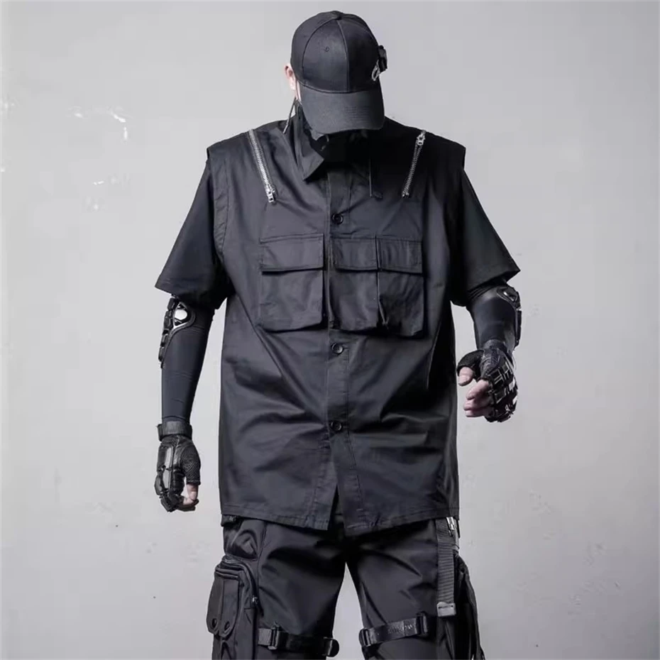 Summer Shirts Vests Men Streetwear Hip Hop Tactical Cargo Shirt Oversized Harajuku Multi Pockets Zipper Design Sleeveless Shirts