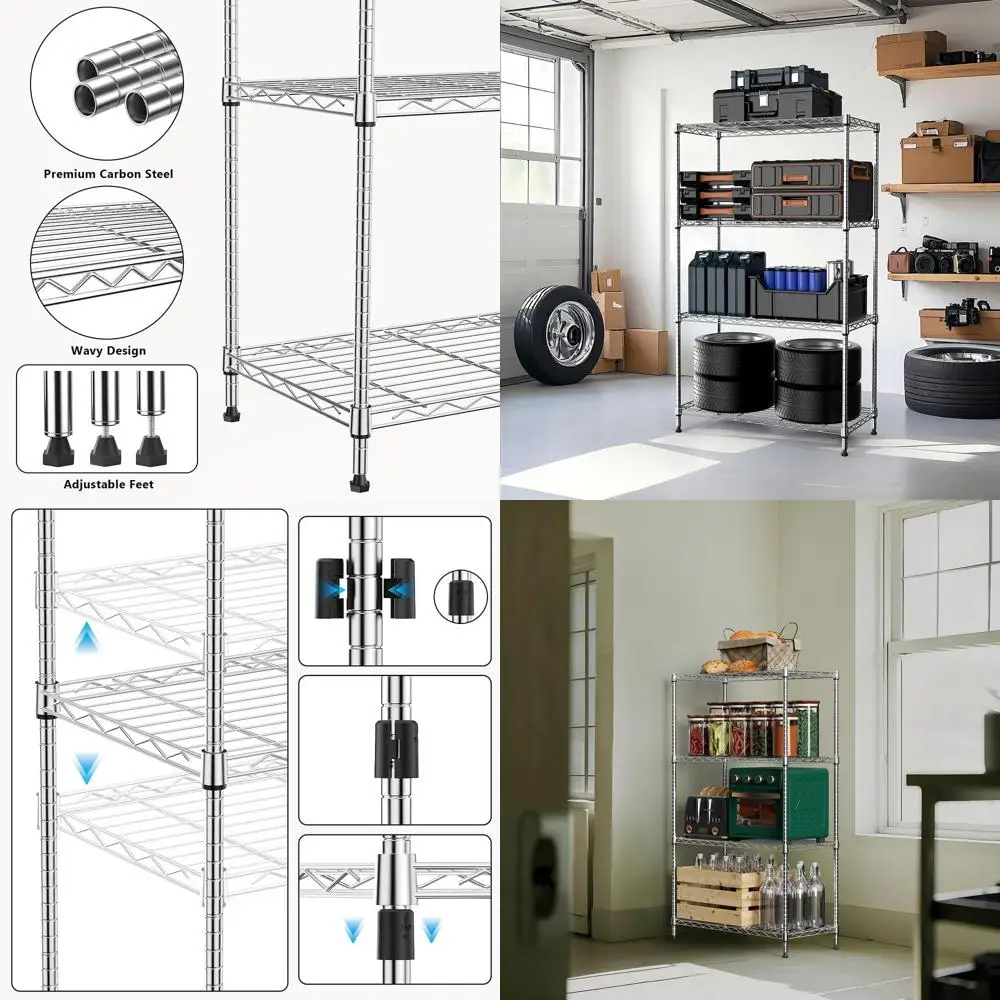 

4-Tier Metal Wire Storage Rack with Wheels for Garage, Kitchen, Bathroom, and Laundry - Chrome, 13.7x29.5x47.2