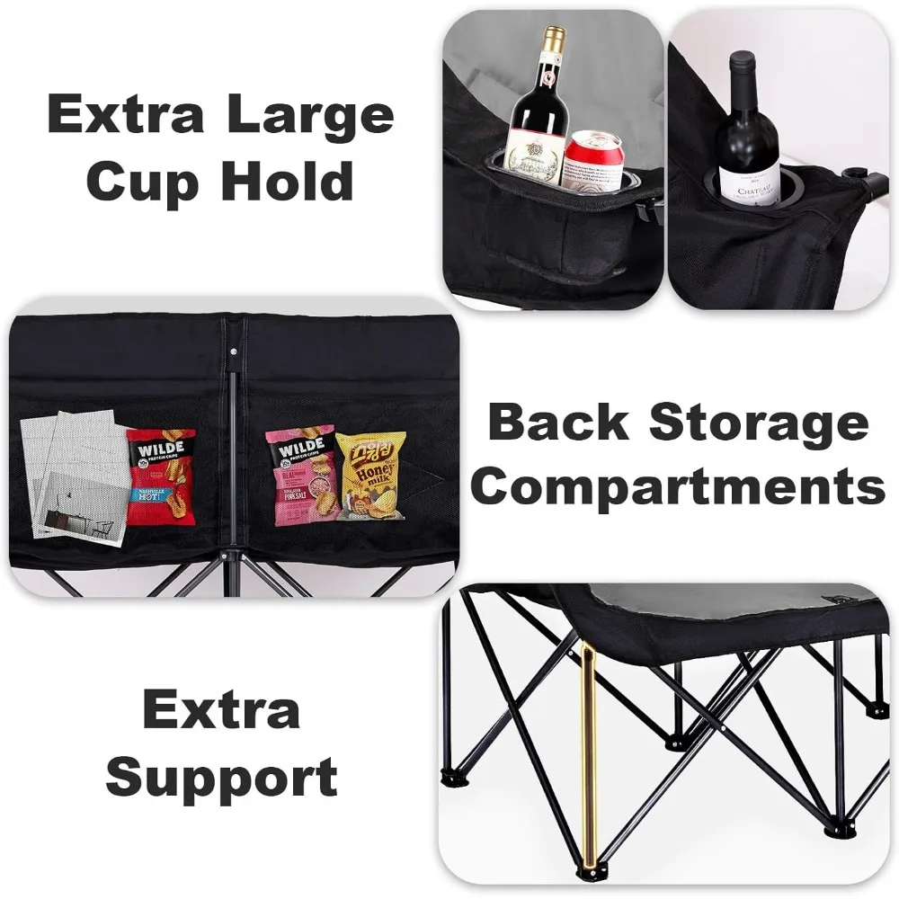 Sedia da campeggio pieghevole oversize per 2 persone, doppio divanetto resistente con portabicchieri per attività all'aperto