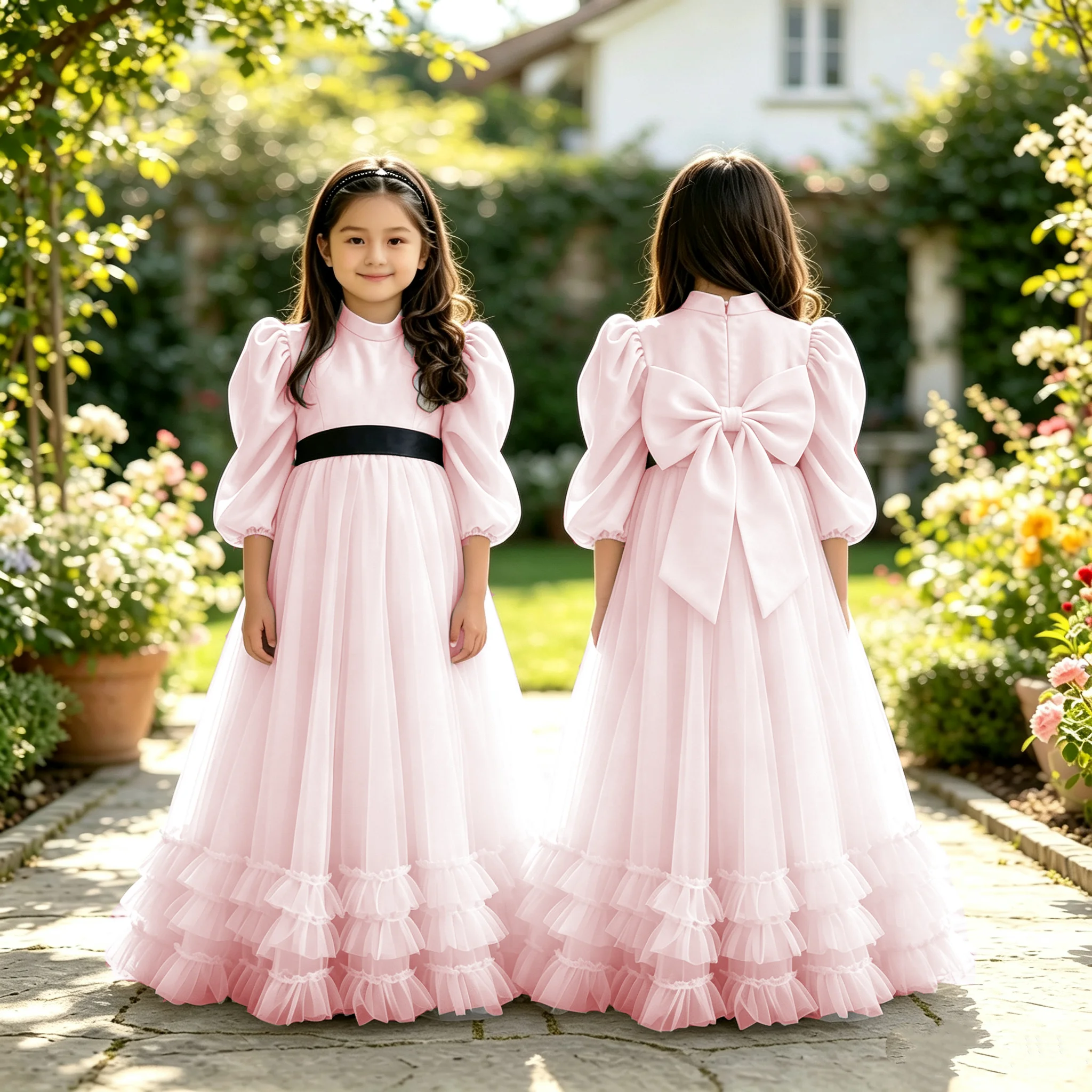 Customisable Formal Wedding Flower Girl Dress Tulle Black Sash for Kids Communion Activity Birthday Party Ball Gowns
