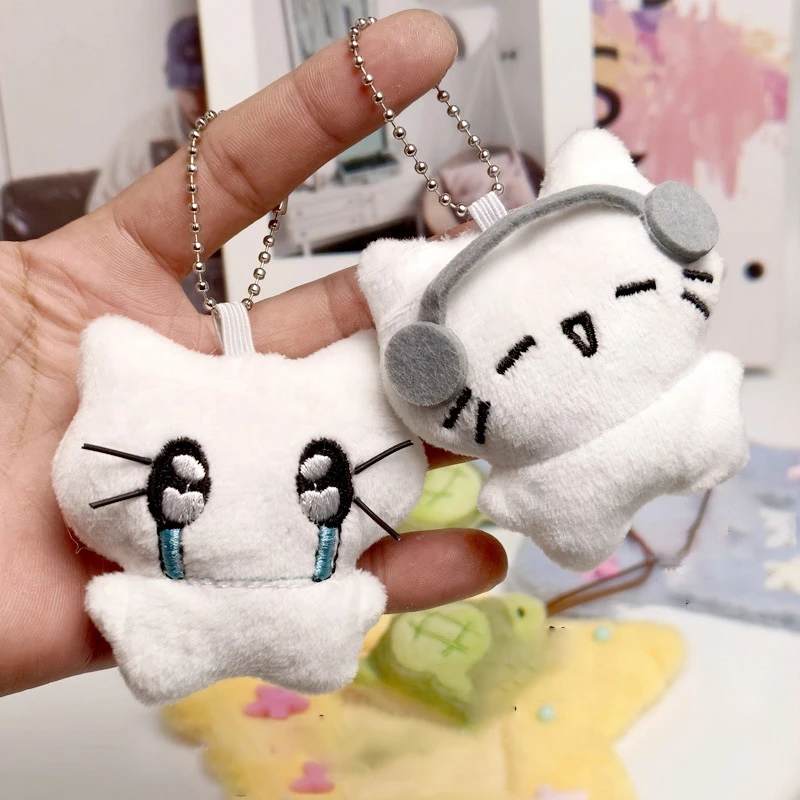 Cute Headphones Kitten Couple Keychain Mini Crying Cat Doll Plush Keyrings For Two Kawaii Small Cat Keychain For Bag Pendant