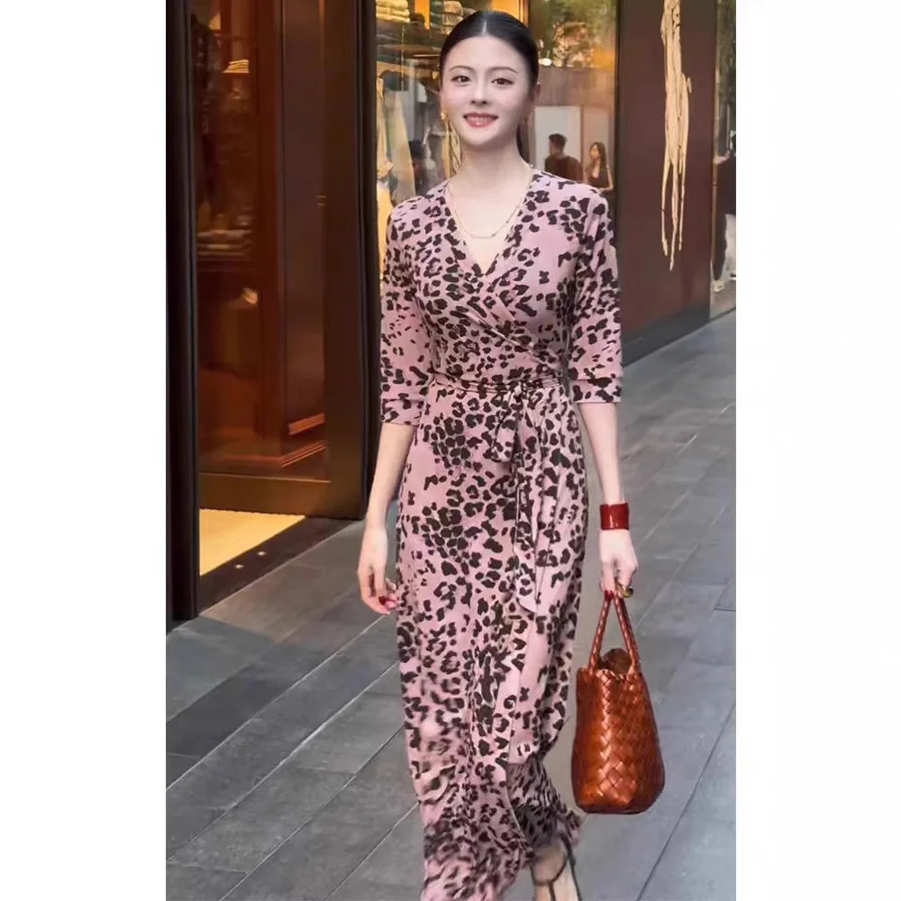 

Розовое платье с леопардовым принтом, цельное, летнее, с завышенной талией, для повседневной носки, с коротким рукавом, длинное