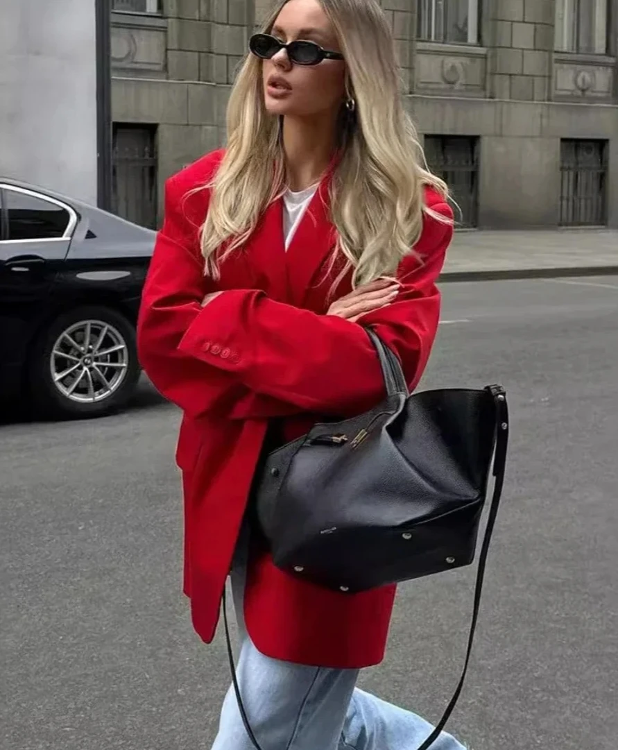 

Женский красный костюм, темпераментные подплечники, свободное повседневное пальто