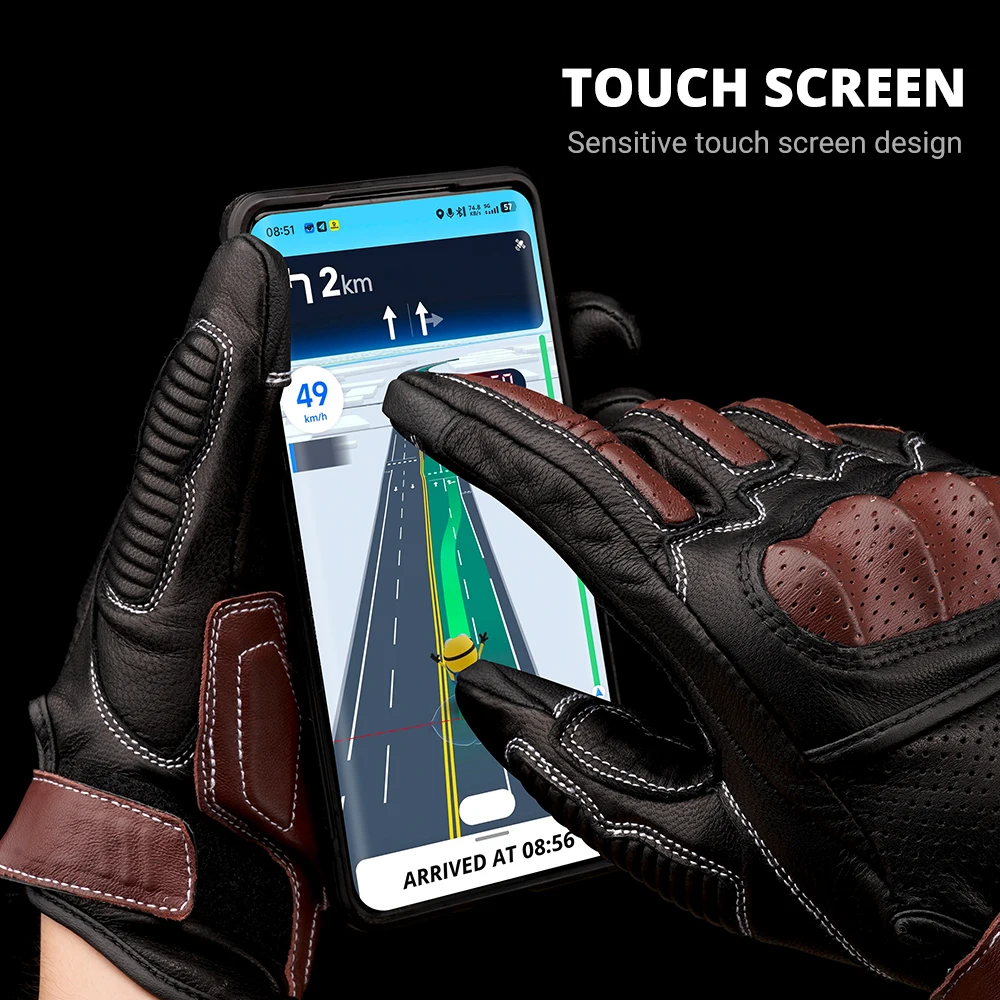 Vintage Leather Motorcycle Gloves Breathable Perforated Design Touchscreen Compatible Men Riding Gloves for Cafe Racer Cruiser