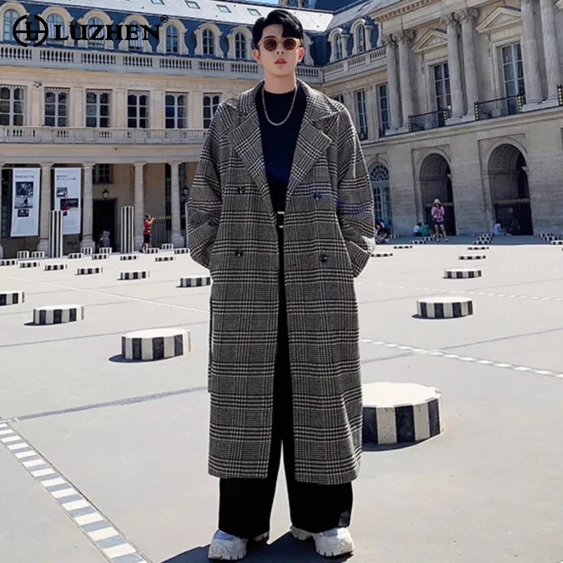 LUZHEN Checked Printed Loose Belt Decorate Knee-length Windbreaker Coat Men's Autumn 2025 Elegant Handsome Trench Clothes JY4493