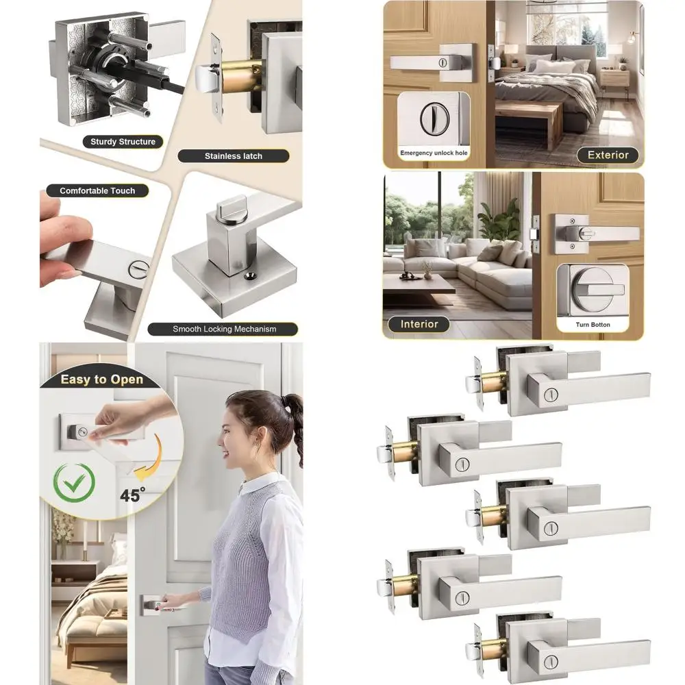 

Набор из 5 предметов внутренних дверных ручек из матового никеля с ручками без ключа, подходит для спален и ванных комнат, двусторонний для слева