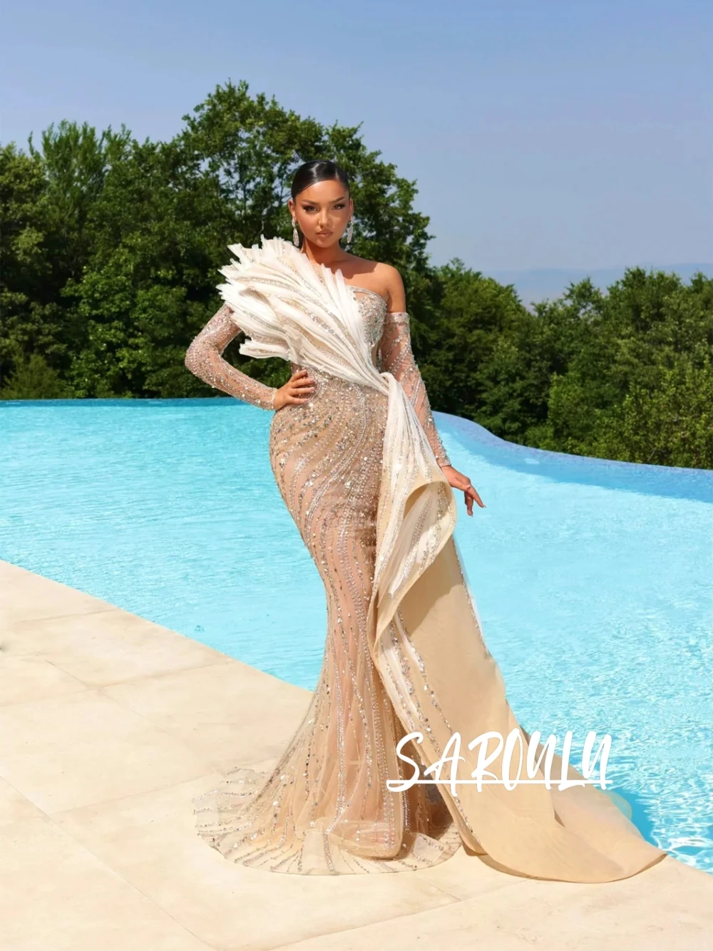 

Stylish 3D Pleated Design Mermaid Evening Dress Glitter Off Shoulder Customized Prom Gown Beautiful Banquet Cocktail Wear