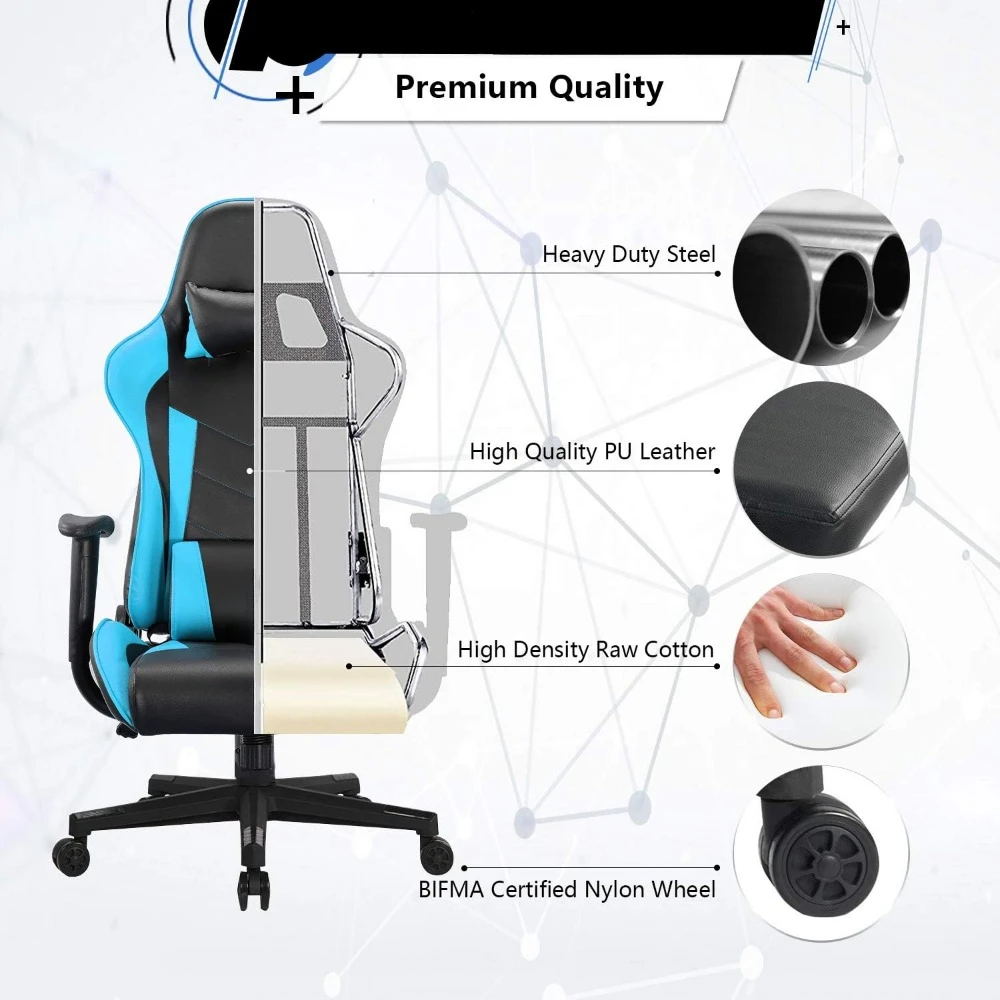 Kursi Gaming Gamer ergonomis untuk dewasa, kursi komputer 300 LB PC, kursi kantor balap game, ketinggian dapat disetel