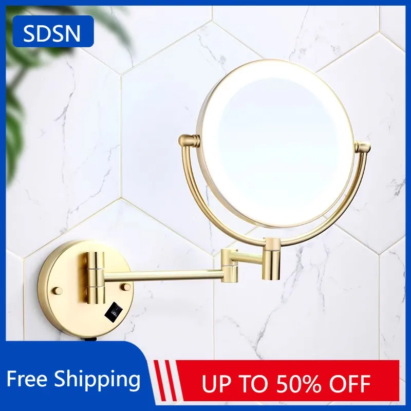 5X Magnifying Led Folding Bathroom Mirrors Wall Mounted Lighted Brushed Gold Bathroom Makeup Mirror Extend Arm Led Bath Mirrors