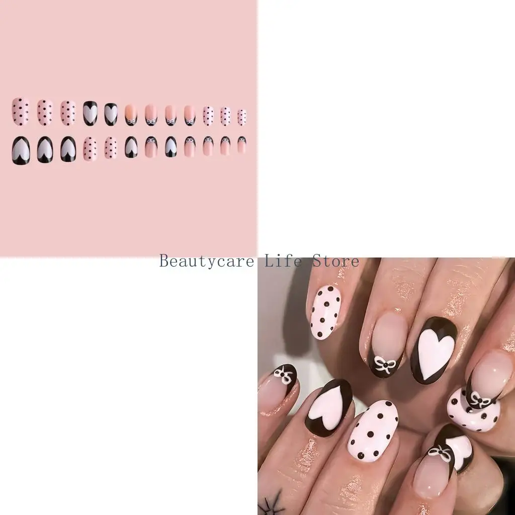 652C 24Pcs Safe False Nail Short Round Press On Nail Heart Bows Detailing Matte False Nail for Women Party & Wedding Nail