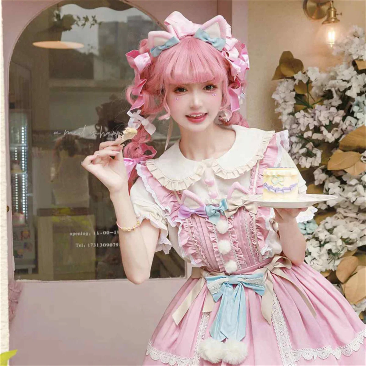 Japoński słodki styl Cosplay Lolita Op Kawaii dla dziewcząt kołnierz piotruś Pan słodkie włosy wzburzyć wstążka kokardka puszyste Hem kobiety sukienka