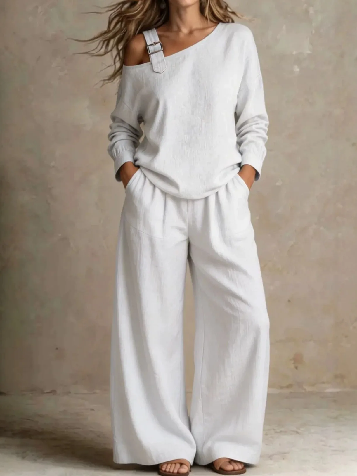 2026 Women's Fashion Loose Single-Shoulder Linen Blend Two-Piece Set for Casual Wear