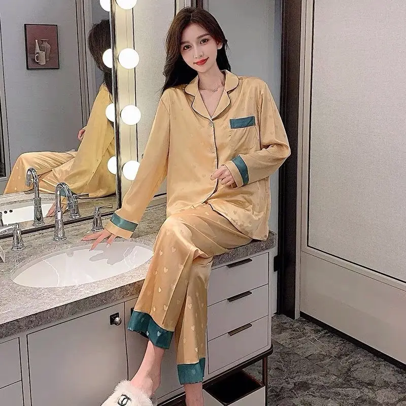 2024 New Women Pajamas Spring High-End Ice Silk Thin Long Sleeve Luxury Nightclothes Suit Female Temperament Leisure Homewear