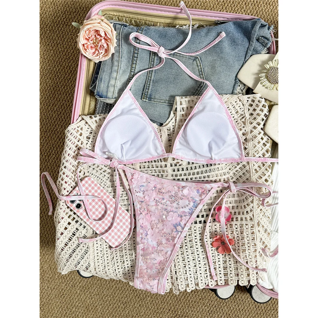 Bedruckter Bikini mit Pailletten, Neckholder-Design, Damen-Badebekleidung, zweiteiliger Bikini, hoher Beinausschnitt, Badeanzug, Badebekleidung, Modell V8237. – Detail 3