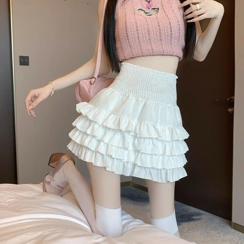 Korean Style Ruffle Tiered Skirt Women High Waist Solid Criss Cross Tie Up A-Line Mini Skirt Kawaii Pleated Skirts Y2k Clothes