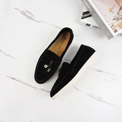 2024GJ Fashion Women's Mule Shoes Comfortable Suede Le Fu Shoes Metal Pendant Anti slip Luxury Brand Driving Shoes Casual Shoes