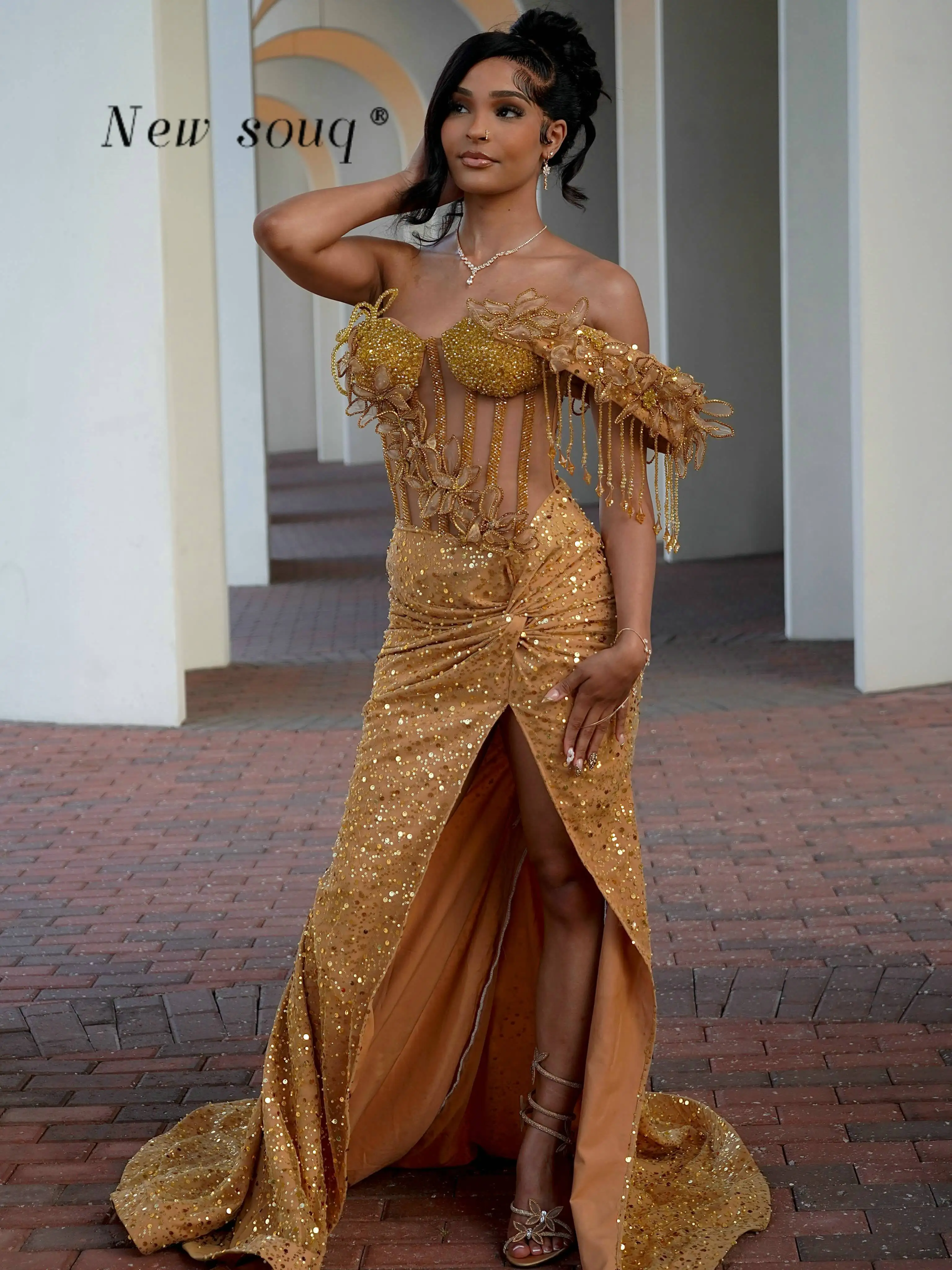 

Sexy Golden Beaded Corset Prom Dresses with High Split Long Mermaid Party Gowns Customized Nigeria Women Wedding Gala Gowns