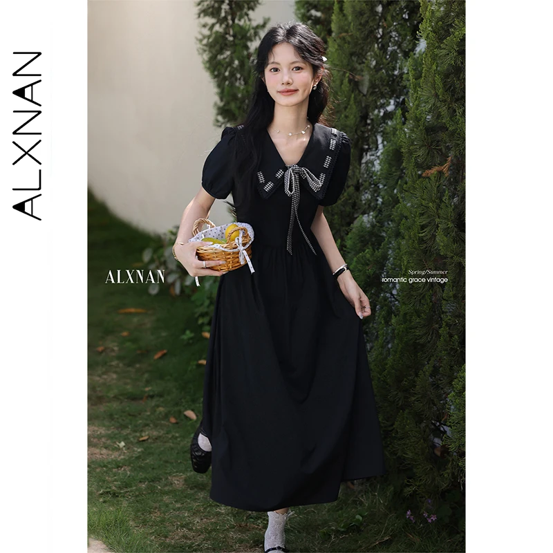 ALXNAN Plus Size Black Long Dress Vintage Elegant Casual Holiday Women's Dress 2025 Summer Short Sleeve Clothing Ladies D11091