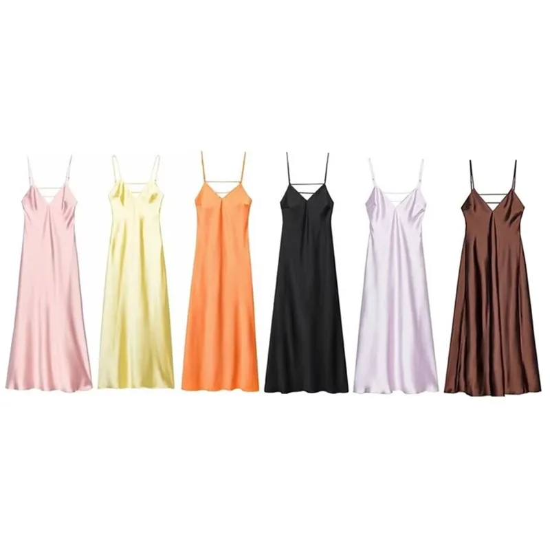 Printemps 2025 femmes soie Satin sensation Strapl Midi Dr décontracté h-ligne une pièce Ele Sle No Sve Quali Texture