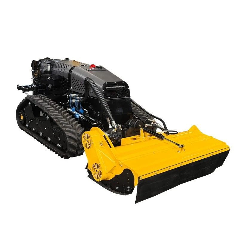 Engine remote control lawn mower with woodland shredding