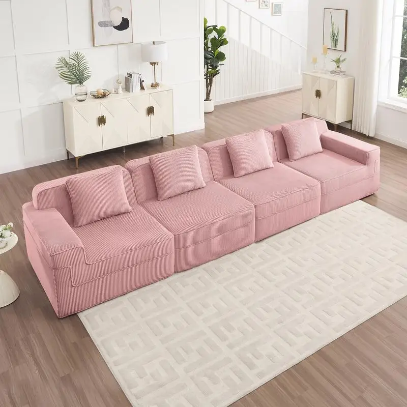 Modular 4-Seat Boneless Sofa, Cloud Sectional Couch, Deep Seat, Modern Design, Throw Pillows, Corduroy Fabric, Pink Color