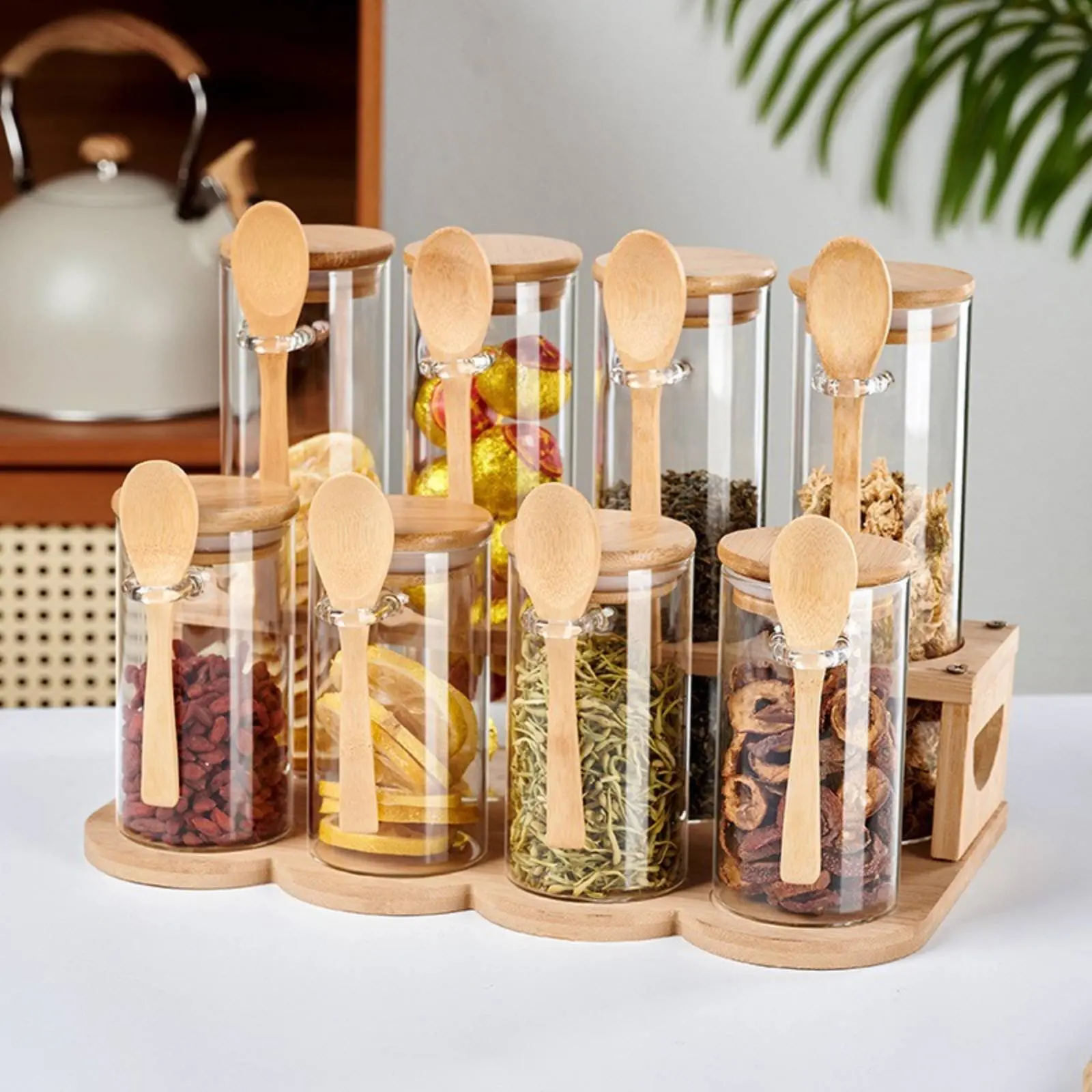 

Glass Seasoning Jar Set with Rack Airtight Closure Food Storage Canister Set with Ladles Tiered Kitchen Counter Organizer