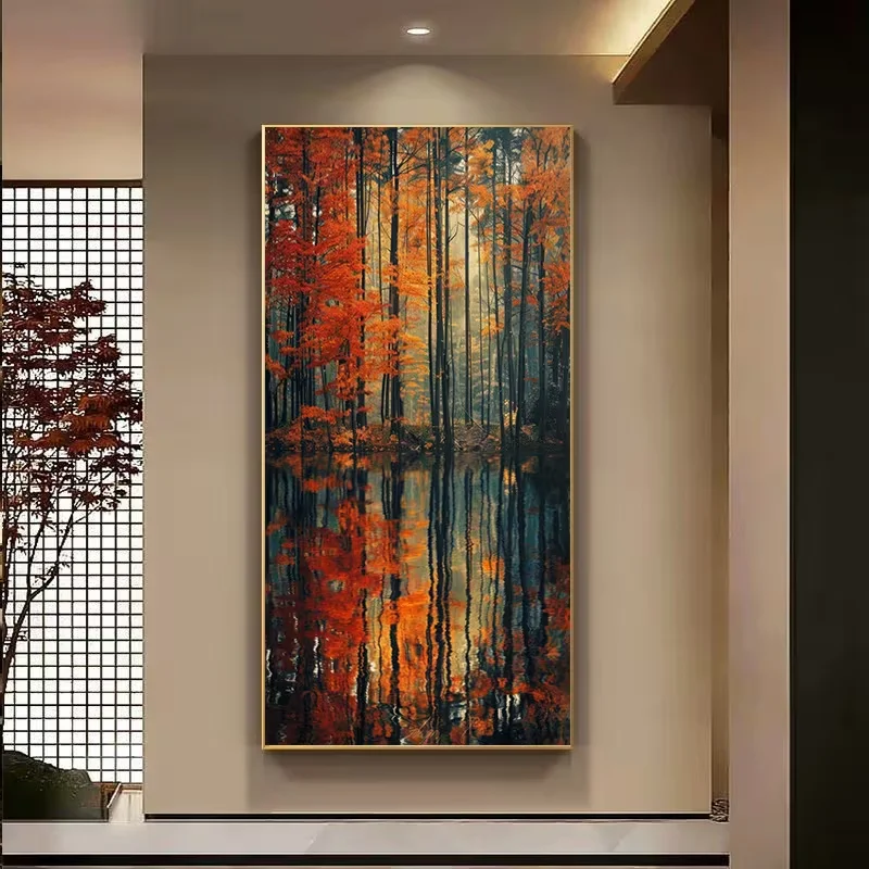 [2D Flat] 1-Pc 2D Flat 2D Plane, 2D Canvas Painting Depicting a Vibrant Autumn Forest Lake Art - Unframed 23.62X47.24 Inches, Mo