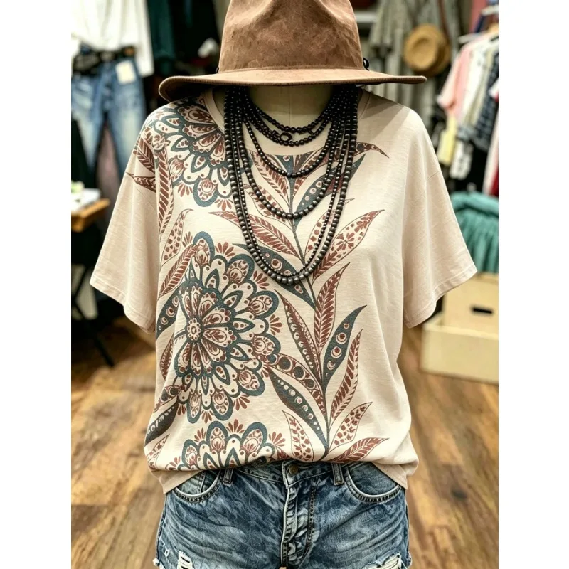 2026 Retro Contrasting Color Printed T-shirt New Summer Women's Unique Designer Short Sleeved Casual Loose Fashion Pullover Top