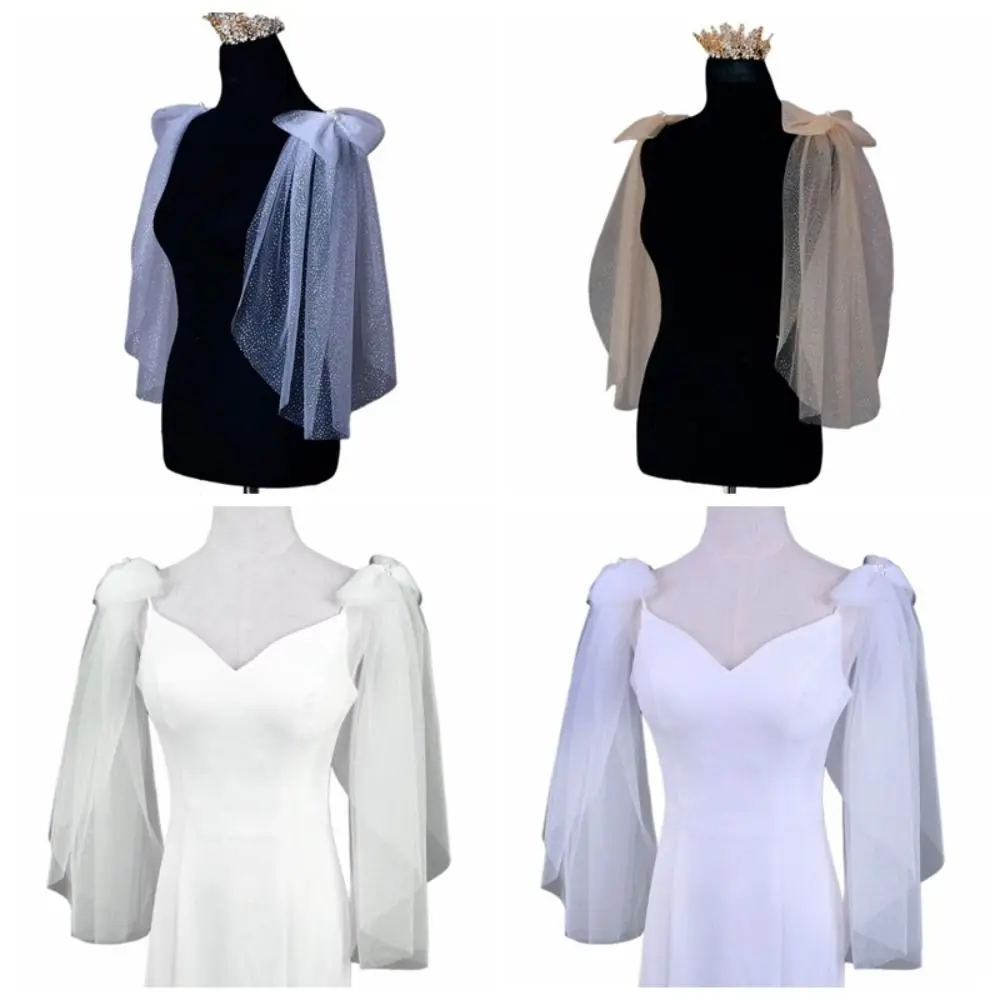 1 пара плиссированных тюлевых свадебных платьев для невесты, шаль, золотая марля, блестящий бант, прозрачная шаль, свадебные аксессуары, жемчуг