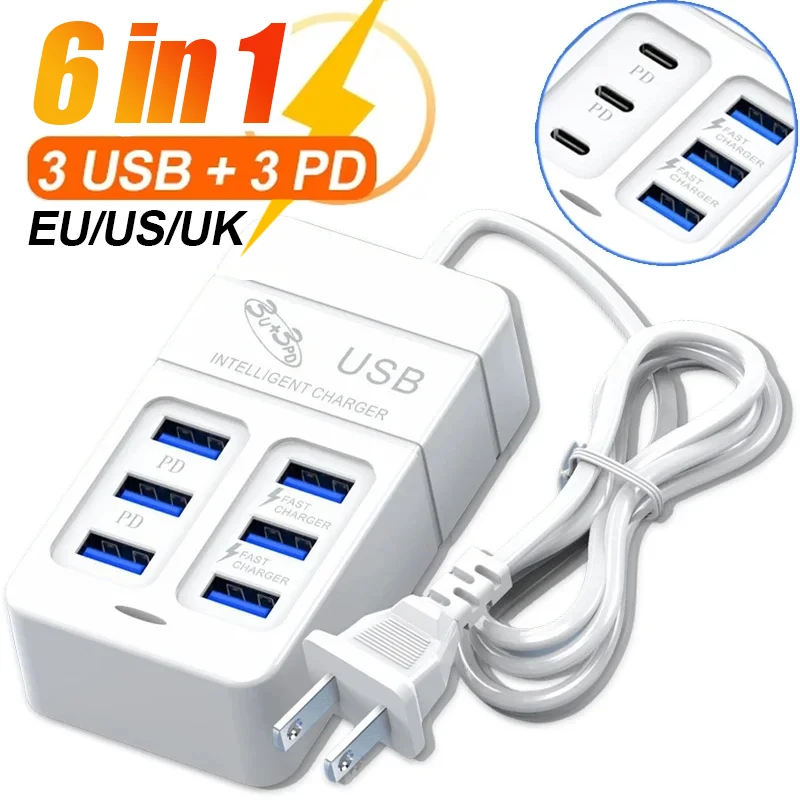 35W Multiport USB Charger PD Type C Fast Charging EU US UK Plug Wall Charger USB Hub Adapter 6 Ports USB Mobile Phone Charger