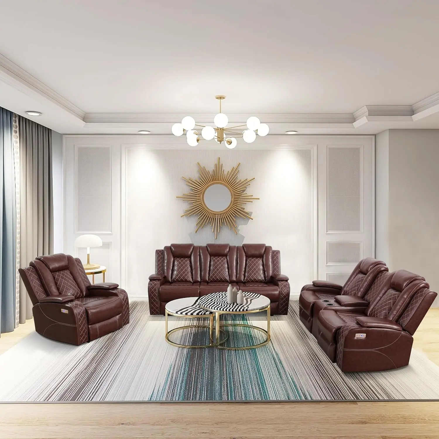 Multifunction Power Air Leather Recliner Sofa Set with LED Lights, Living Room Furniture