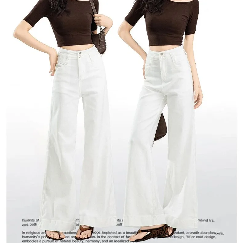 

Low Waist Bell Bottom Jeans Women's Light Blue White Slim Fit mid Length Cotton Denim High Street Style Straight Leg Trousers