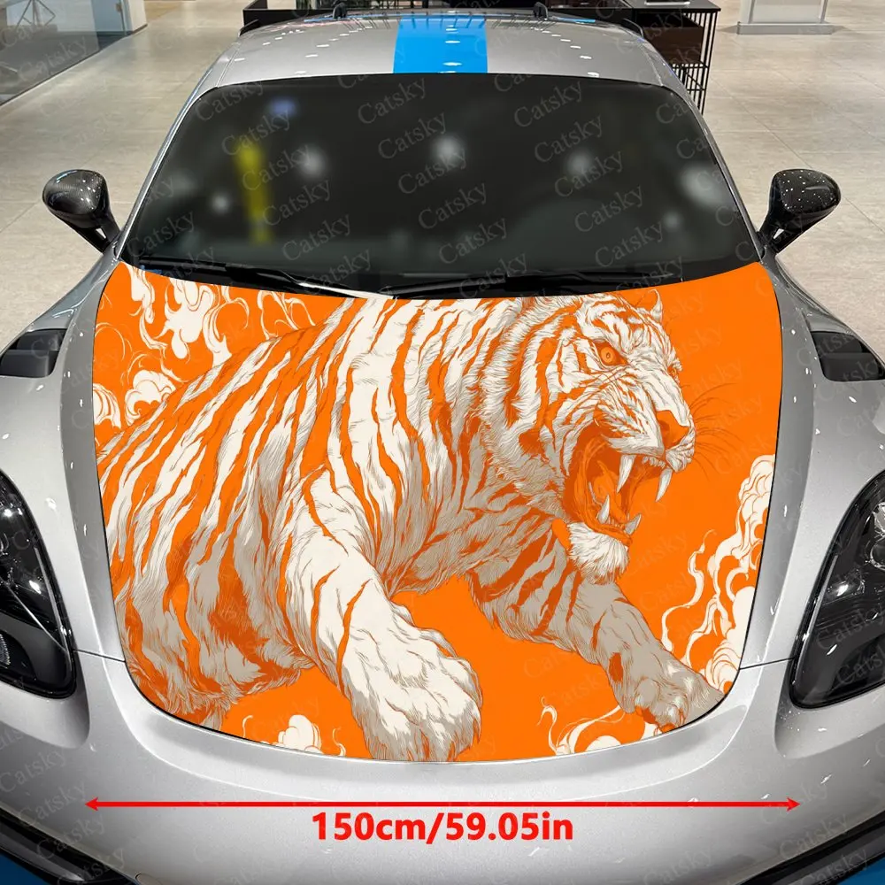 Eye-catching Flaming Tiger Car Cover Decal, Auto Hood Sticker, Waterproof and Self-adhesive Auto Vinyl Wraps, Cool Car Exterior