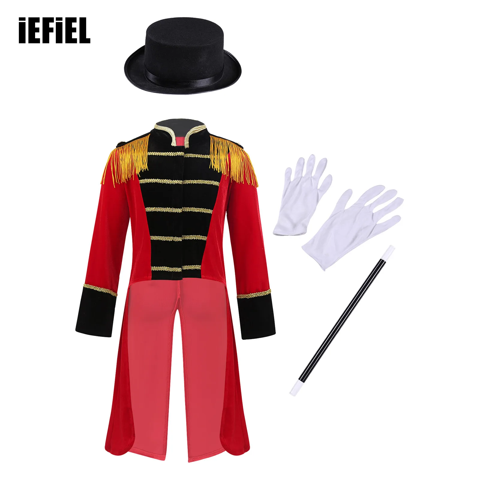 

Kids Boys Circus Costume Set Long Sleeve Stand Collar Tassel Shoulder Tailcoat with Hat Magic Wand Gloves for Halloween Cosplay