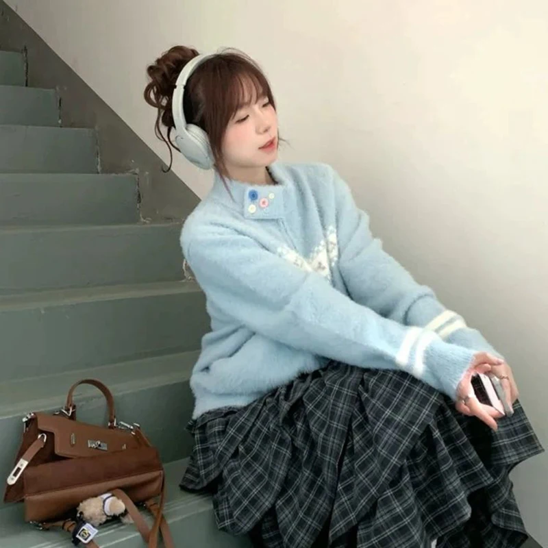 الأزرق خمر سترة متماسكة المرأة الحلو الجاكار زر المرقعة كم طويل سترة الوقوف طوق البريدي فضفاض بلايز الكورية عادية