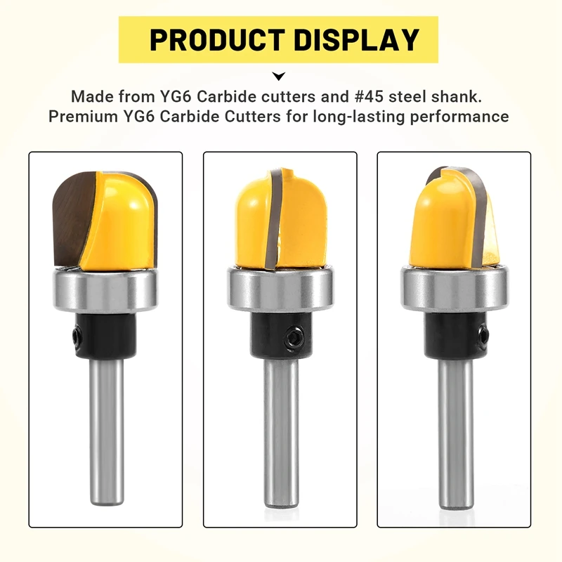 ABKD 3 Buah 1/4 Inci Mangkuk Betis dan Bit Router Baki, Set Bit Router Templat Mangkuk & Baki dengan Bantalan Bola