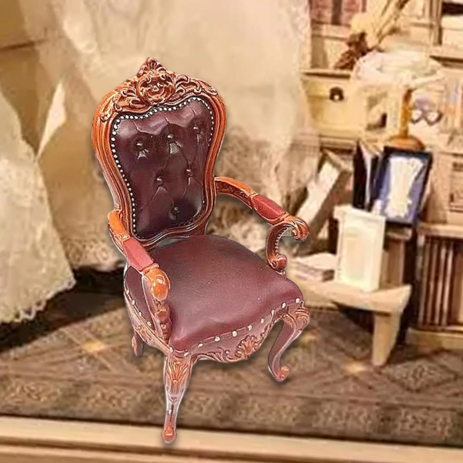 1/12 كرسي بيت الدمى ذو المشهد DIY لغرفة المعيشة أثاث بيت الدمى ديكور بني عميق