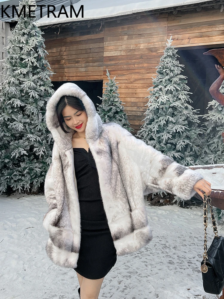 KMETRAM 100% Mink Fur Jacket Woman Luxury Batwing Sleeve Real Fur Coat with Hood 2025 Winter Coats Women Clothing шуба женская