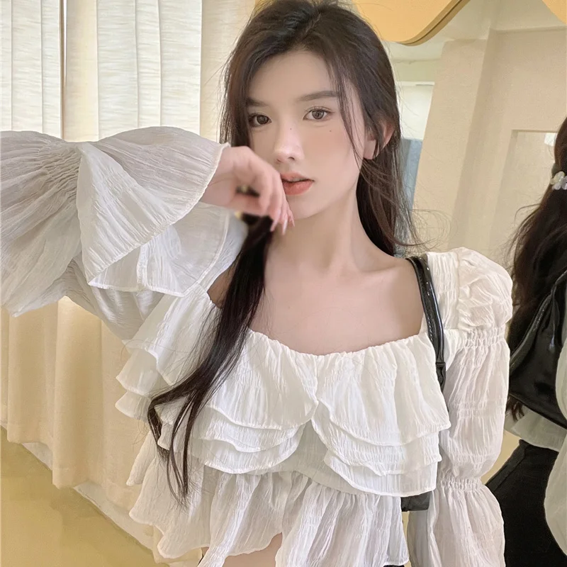 New Women Square Collar Chiffon Blouse Off Shoulder Shirt Ruffle Puff Sleeve Top