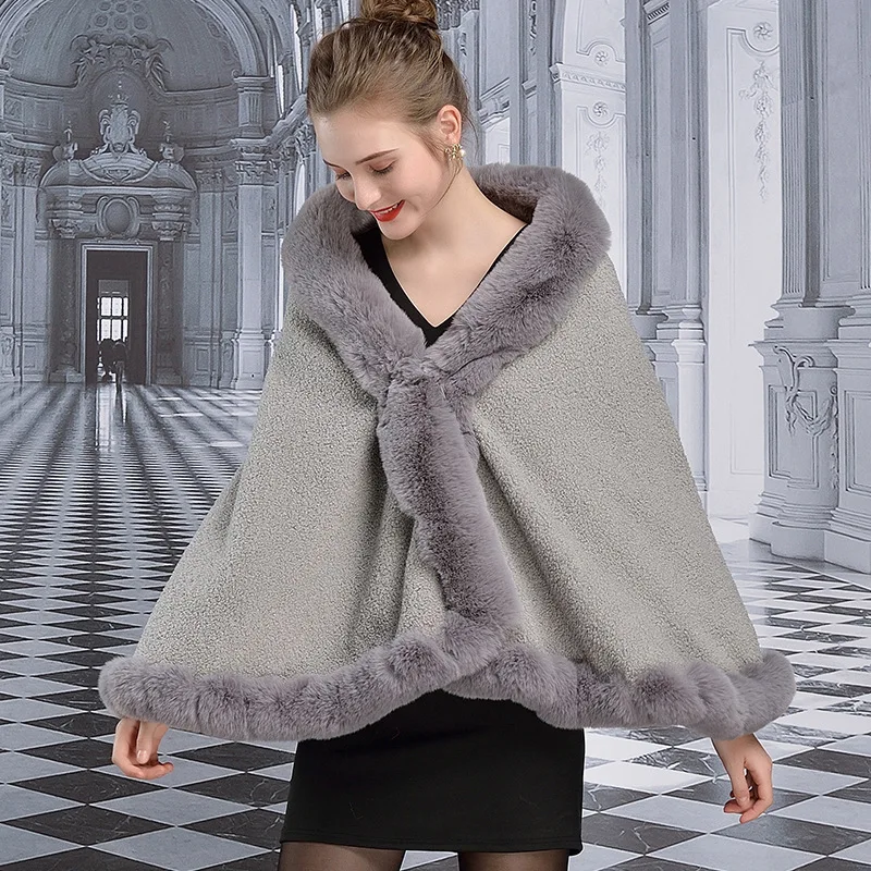 Handcraft Wavy Faux Rex Rabbit Fur Cape Coat Wraps Autumn Winter Women Imitated Lamb Wool Cardigan Cloak Shawl Good Quality